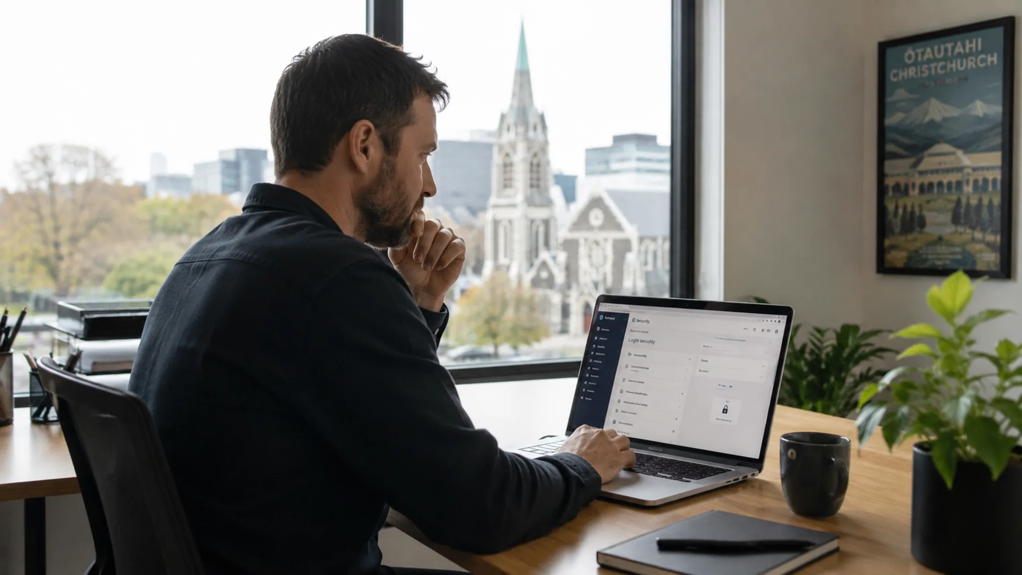 A Christchurch small-business owner at a sunlit desk reviewing the login-security settings of their website on a laptop, the Cathedral visible through the window