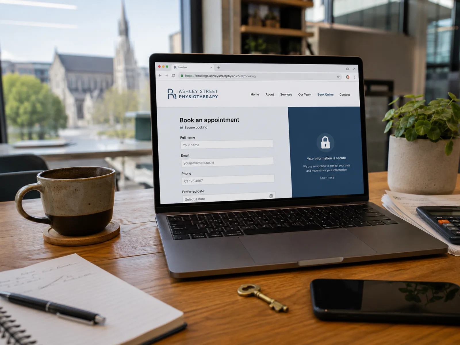 A laptop on a desk showing a physiotherapy clinic's online booking form with a 'Your information is secure' padlock panel, a brass key and phone beside it