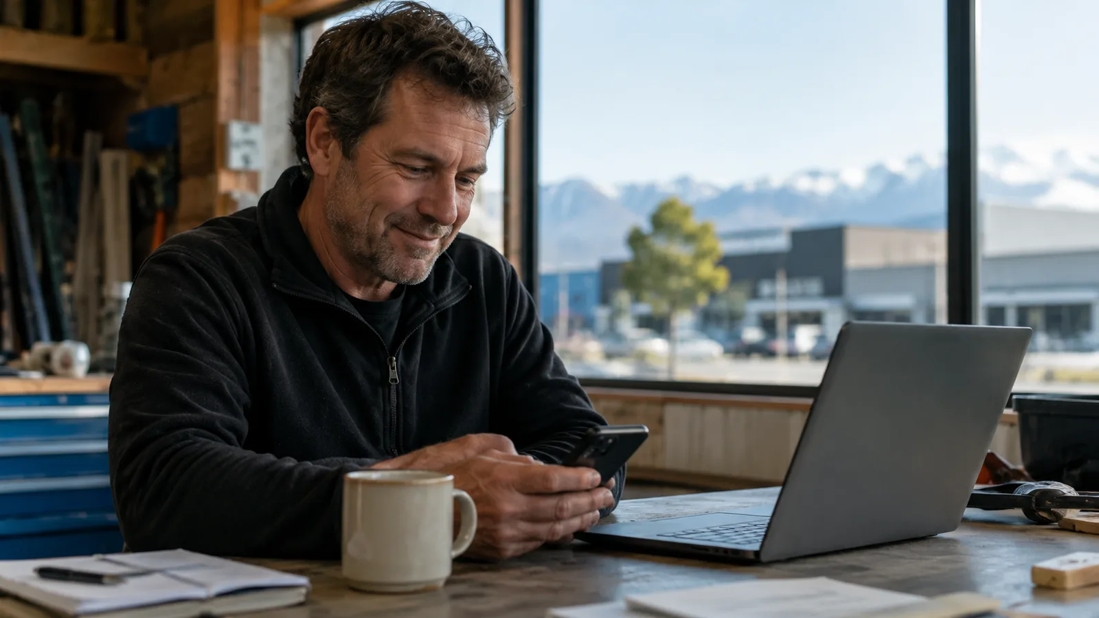 A Canterbury business owner at his workshop bench, coffee beside the laptop, taking fifteen minutes on his phone — the Southern Alps through the window
