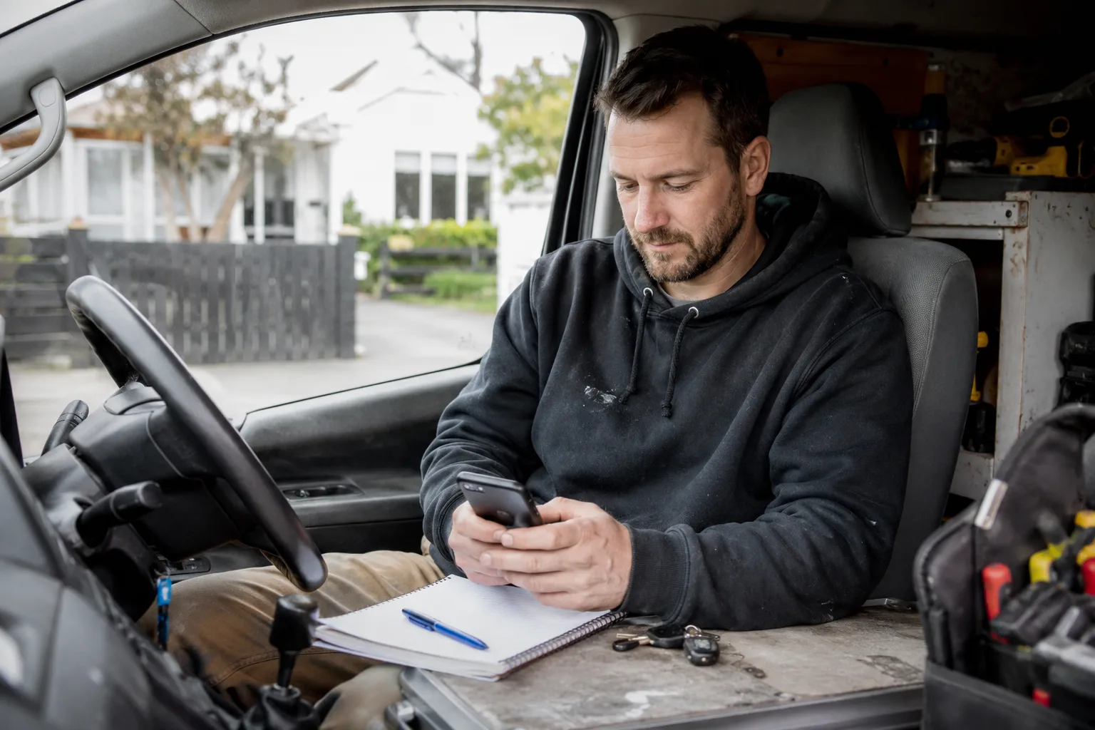 A tradesman in his van between jobs, notebook on his knee, sending a short text from his phone
