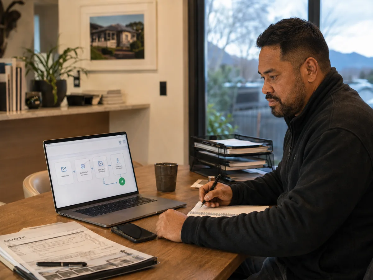 A builder at his desk with a printed quote in front of him, jotting notes while his laptop shows a simple automated follow-up sequence ending in a green tick — the system that chases every quote for him