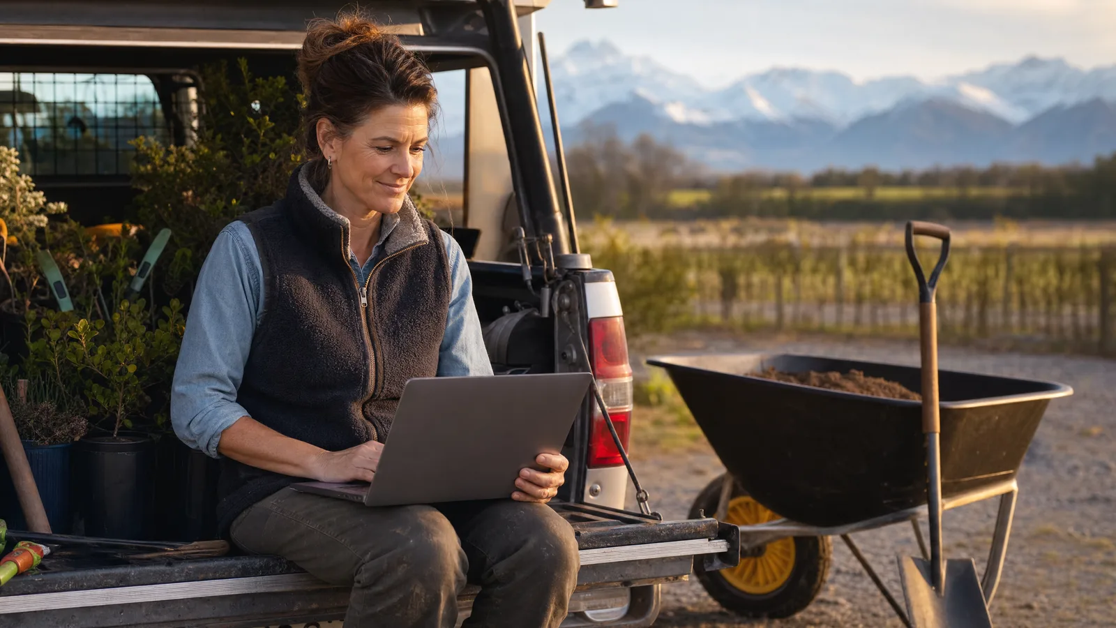 A Canterbury landscaping business owner sitting on the tailgate of her work ute, calmly reviewing her invoices on a laptop, a wheelbarrow and garden tools beside her and the snow-capped Southern Alps beyond