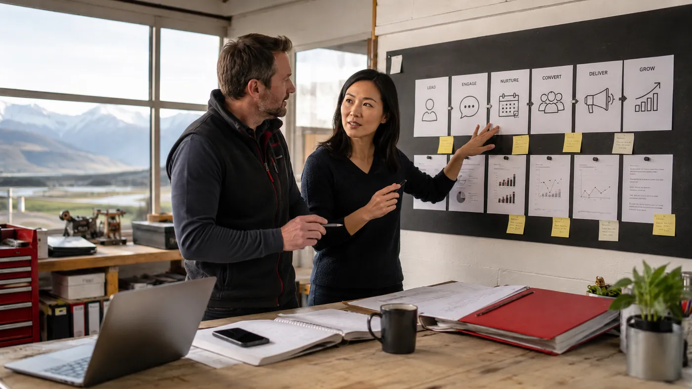 Two Canterbury business owners working through their growth-system map together — connecting each step from first contact to repeat business