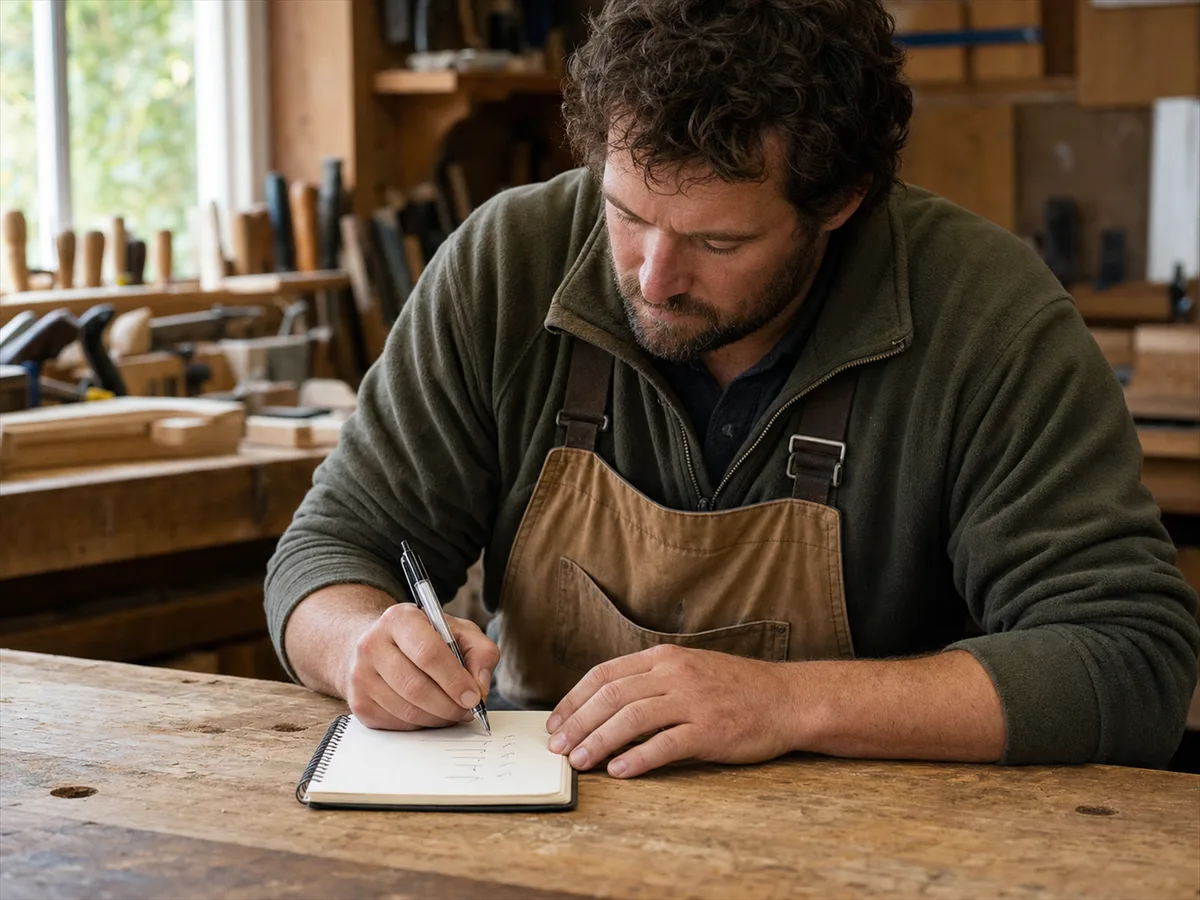 A tradesperson at a workshop bench jotting a short list in a notebook — mapping the handful of tasks that only they currently know how to do